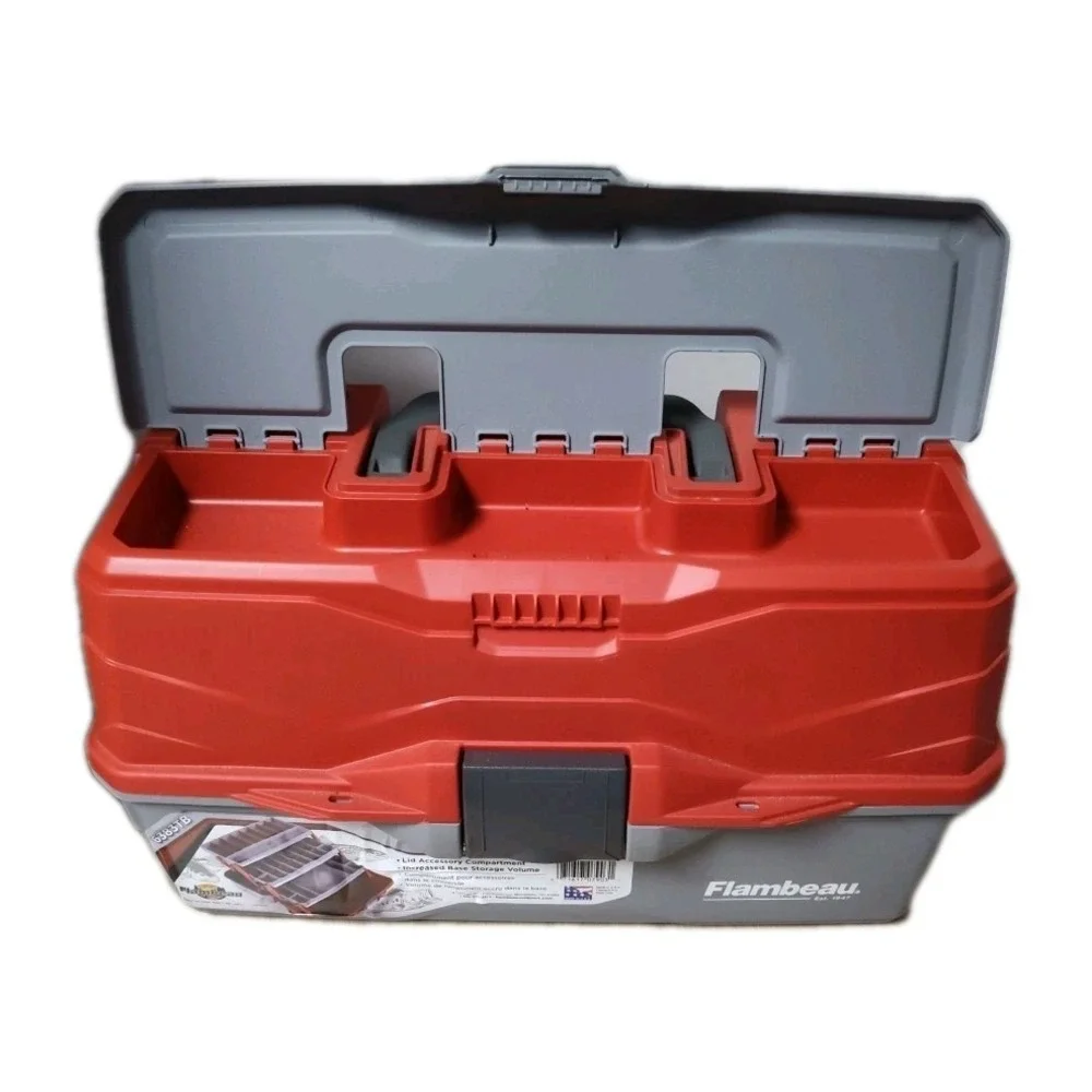 Flambeau 3-Tray Tackle Box - 32 Compartment Organizer, Water-Resistant, Red/Gray